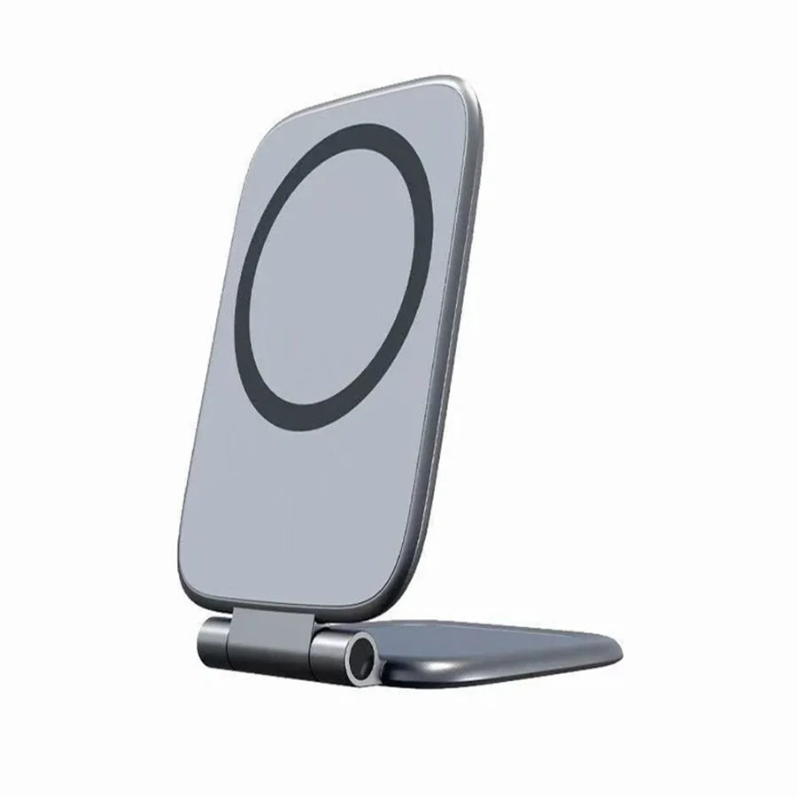 A silver magnetic car phone mount with a circular holder is shown from the side.
