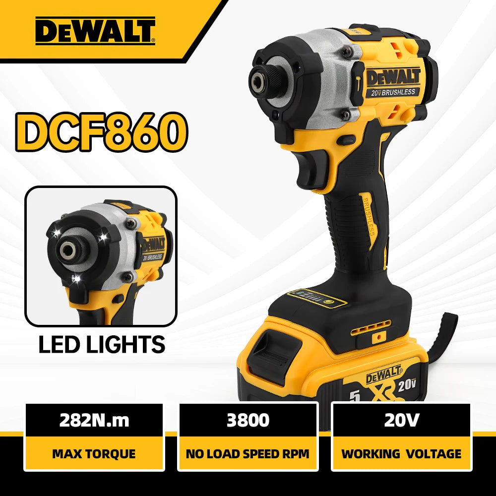Dewalt DCF860 20V brushless impact driver tool with LED lights and specifications