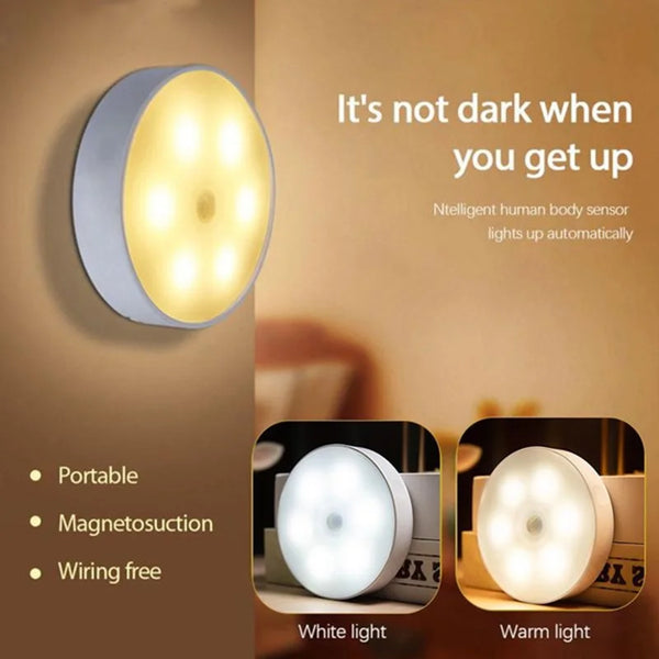 مصباح ليلي LED دائري محمول، يعرض خيارات الإضاءة البيضاء والدافئة على الحائط.