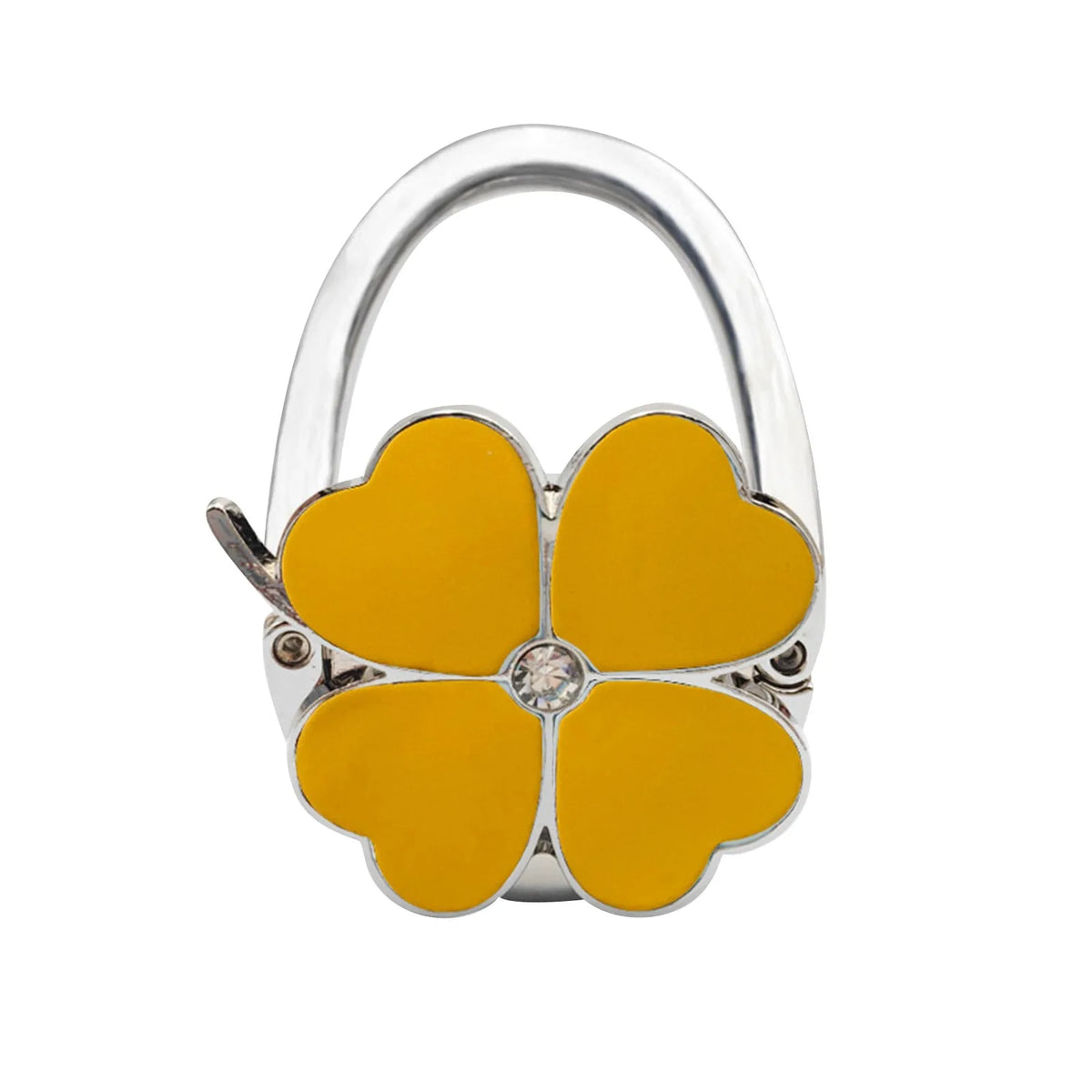Silberne Handtaschenhaken mit gelbem Vierblättern-Design.