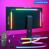 An RGBIC LED monitor backlight strip is shown illuminating a 34-inch screen with various colored light strips.