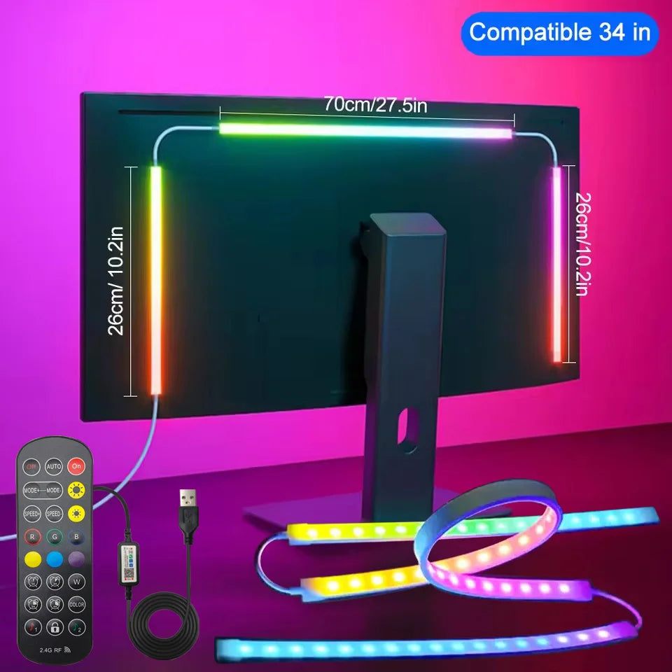 An RGBIC LED monitor backlight strip is shown illuminating a 34-inch screen with various colored light strips.
