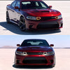 A red Dodge Charger SRT with an aftermarket LED grille light kit installed, shown in a desert environment.