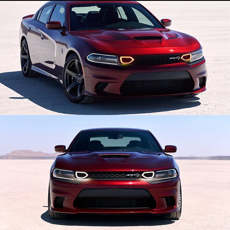 A red Dodge Charger SRT with an aftermarket LED grille light kit installed, shown in a desert environment.