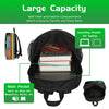 Black backpack with inner and exterior compartments for easy classification and storage of items like laptops, magazines, and