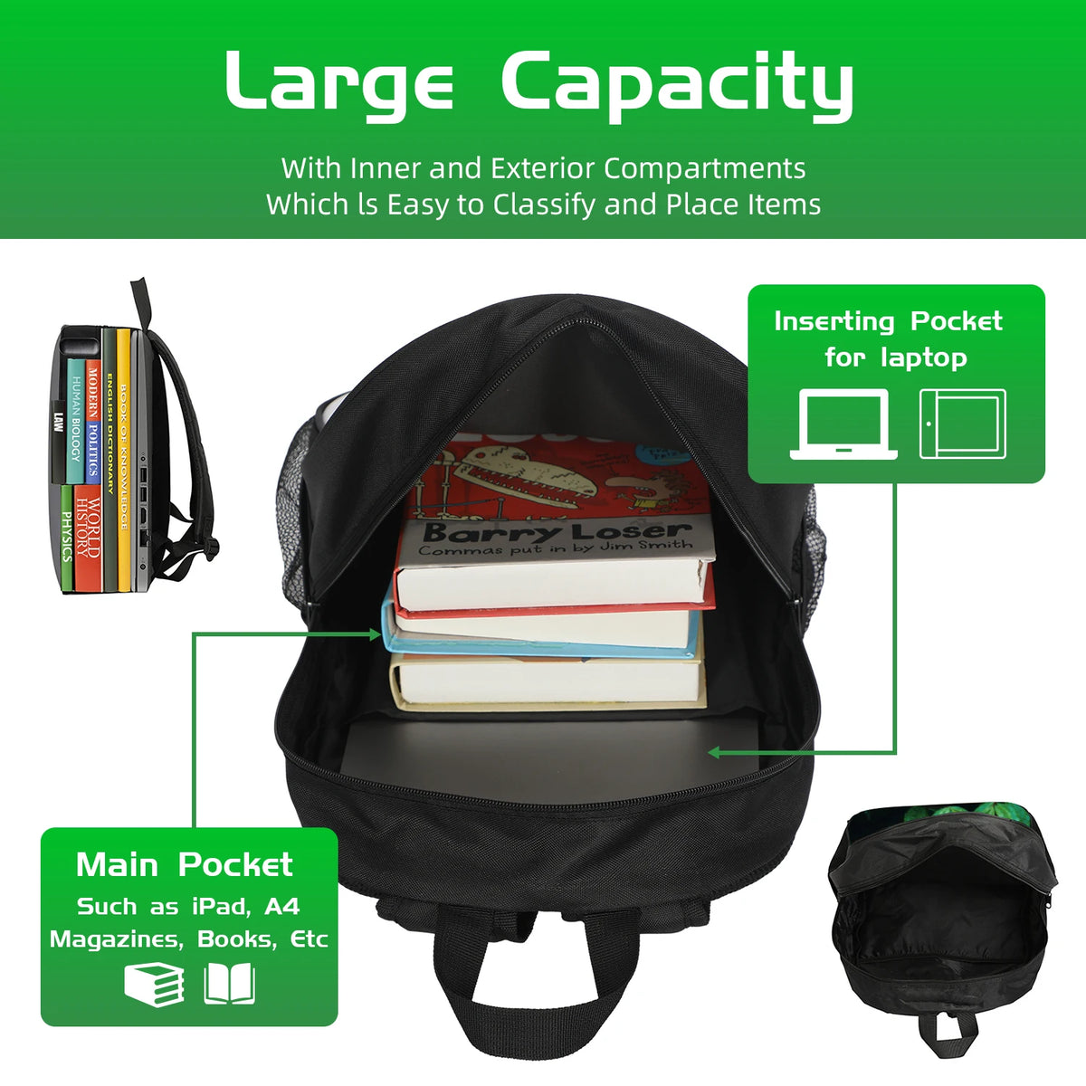 Black backpack with inner and exterior compartments for easy classification and storage of items like laptops, magazines, and