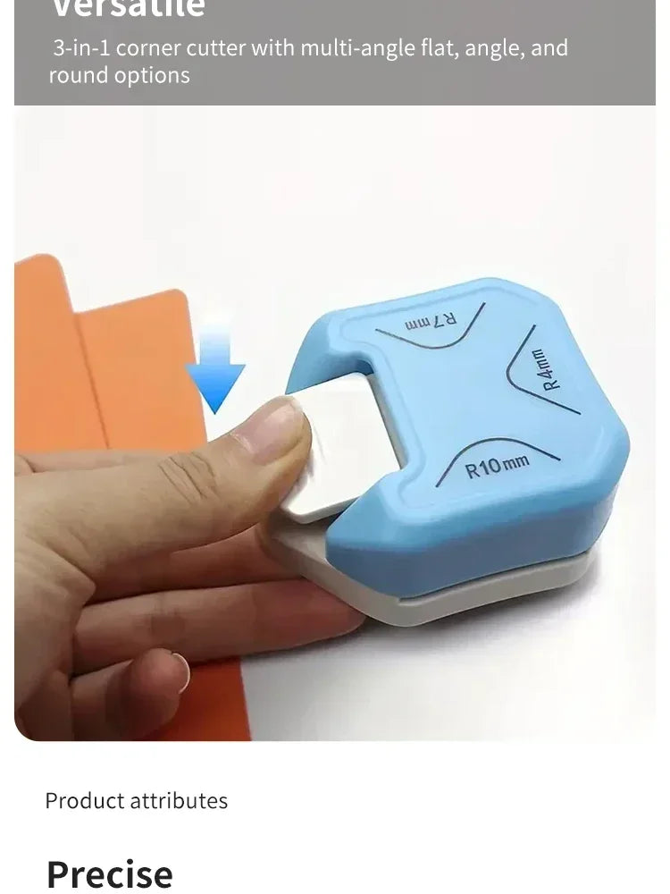 A hand holds a light blue corner cutter tool with various angle options, demonstrating its use for cutting paper and cards.
