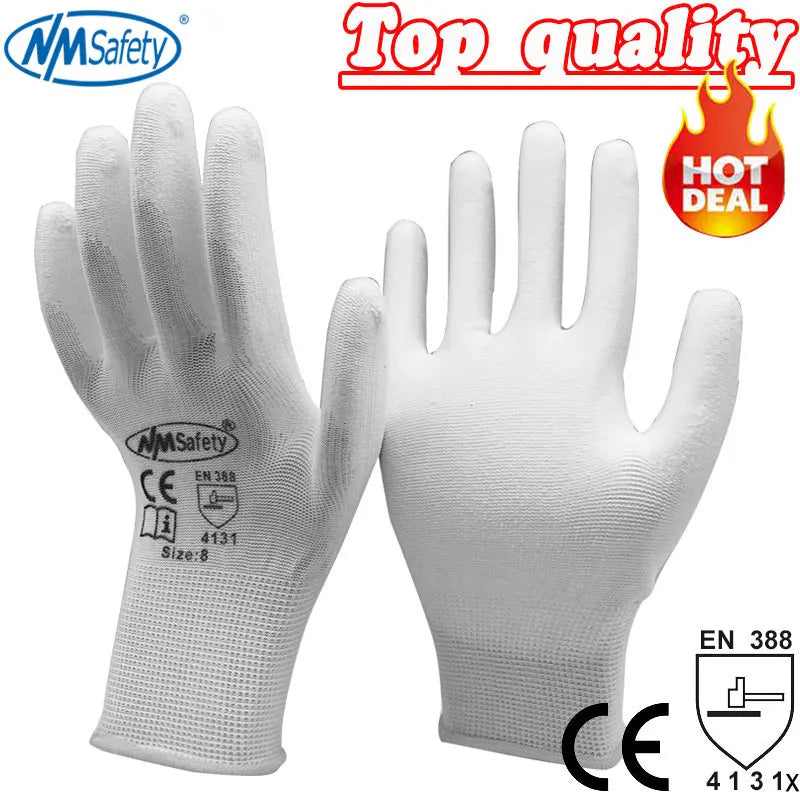 A pair of white breathable PU-coated work gloves with CE certification marks.