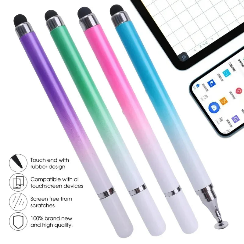 Four colored stylus pens shown next to a tablet and smartphone for touchscreen devices