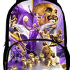 A black backpack featuring a graphic of Michael Jordan and other basketball players in purple and gold tones.