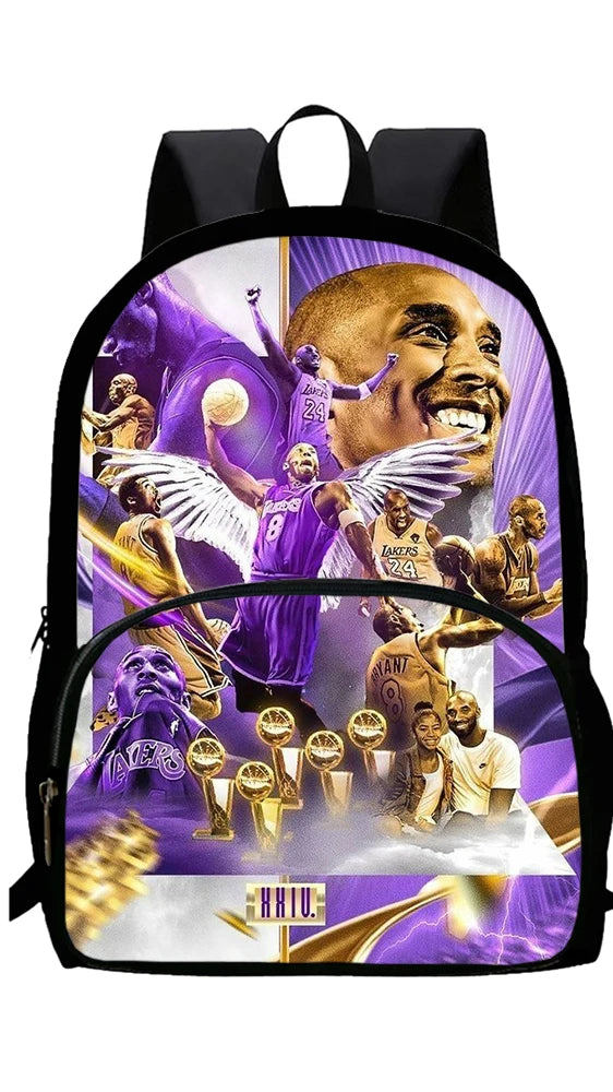 A black backpack featuring a graphic of Michael Jordan and other basketball players in purple and gold tones.