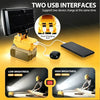 A yellow cordless LED work light with two USB charging ports is shown next to a smartphone and a laptop.