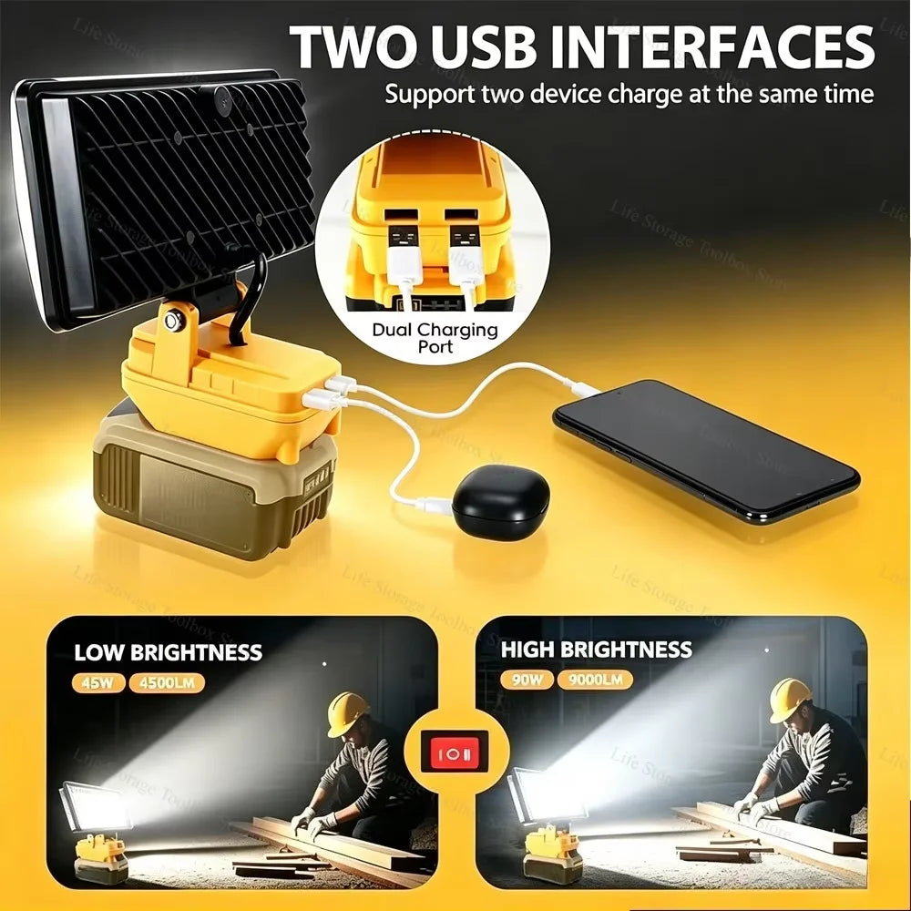 A yellow cordless LED work light with two USB charging ports is shown next to a smartphone and a laptop.