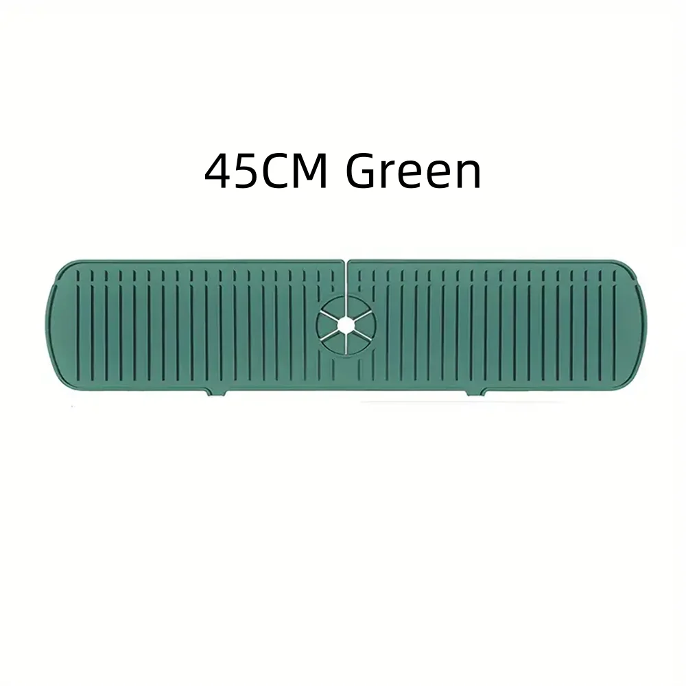 A 45cm green silicone faucet drain mat for kitchen and bathroom countertop protection.