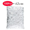 A bag containing 100 pieces of clear reusable elastic food covers, measuring 42cm long.