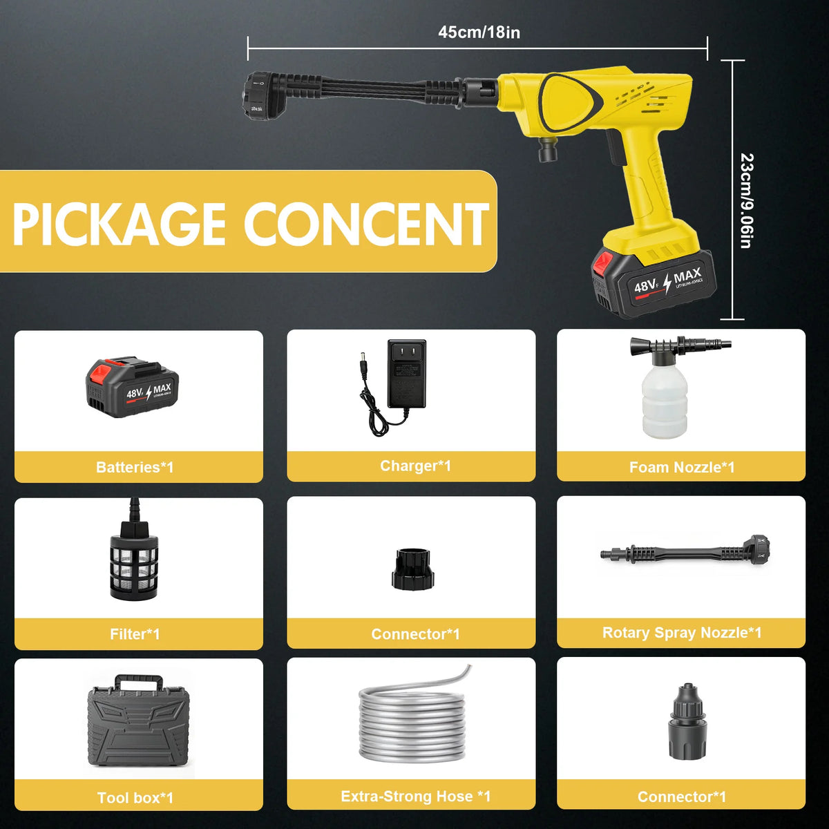 Yellow cordless electric pressure washer with various accessories including a foam nozzle and different connectors