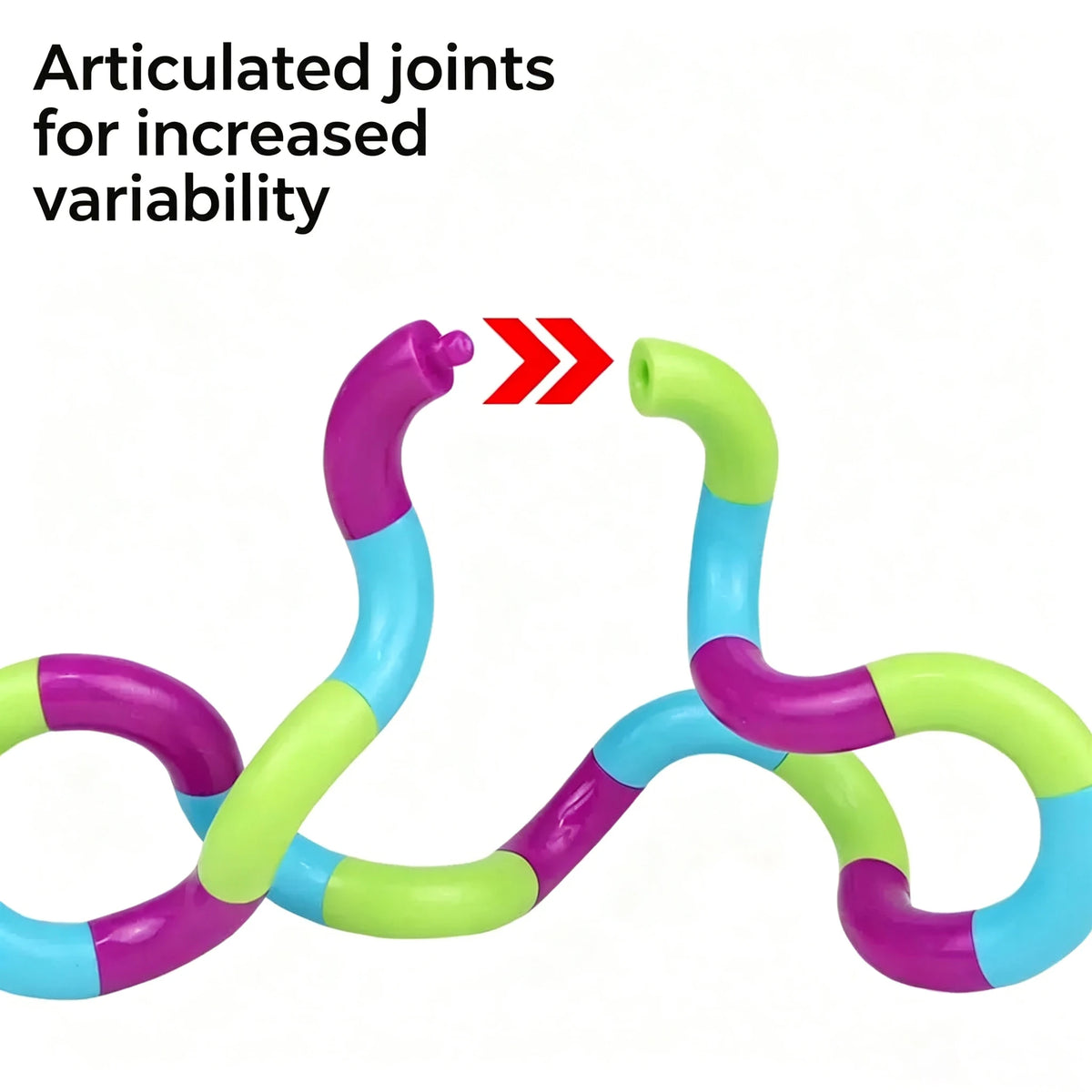 A fidget toy demonstrating articulated joints for increased variability, shown in purple and green.