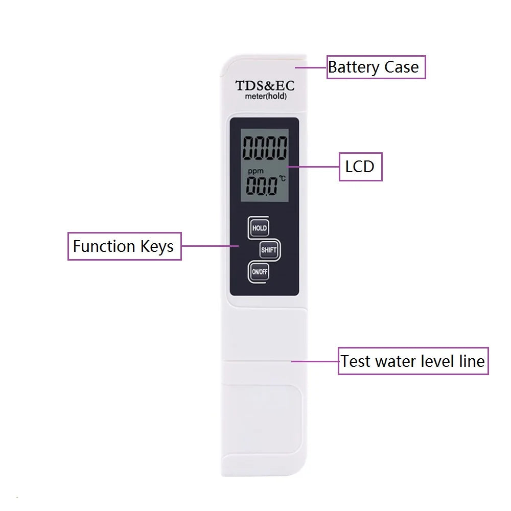 A white digital TDS & EC water quality tester pen with an LCD display and function keys.