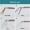 Four parts of a spring drawstring needle threader tool showing wear elastic, rope, lace, and eyelets.