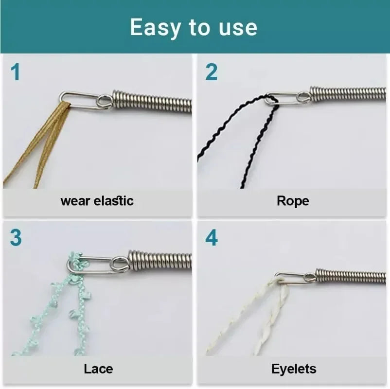 Four parts of a spring drawstring needle threader tool showing wear elastic, rope, lace, and eyelets.