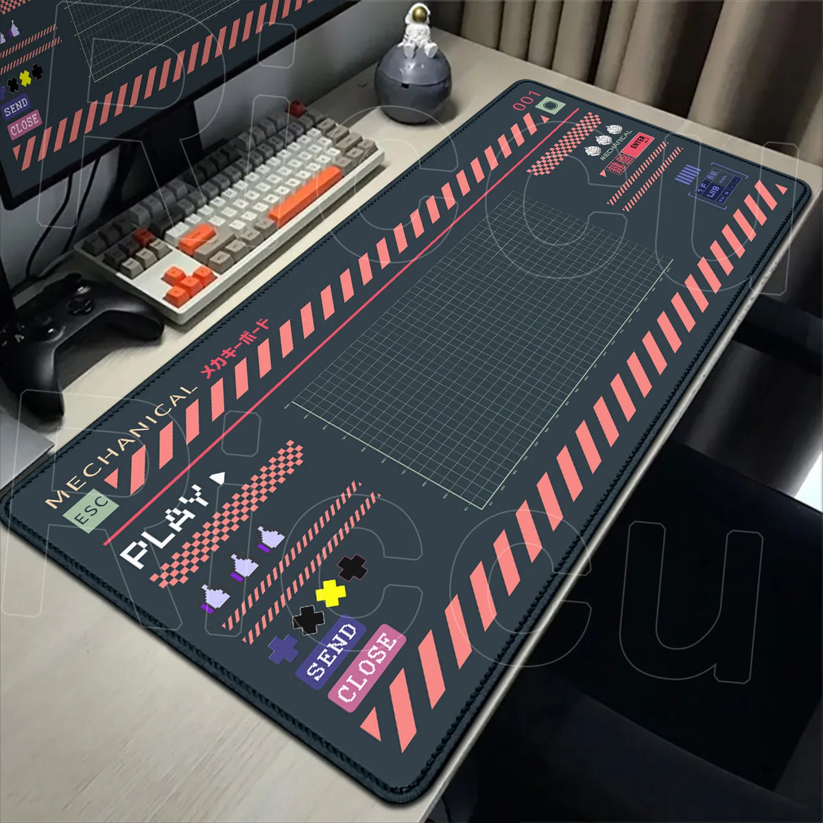 A large black mouse pad featuring a mechanical layout with colored markers and controls for gaming.