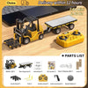 A yellow 1:64 scale remote control forklift with a trailer and accessories shown on a wooden surface.