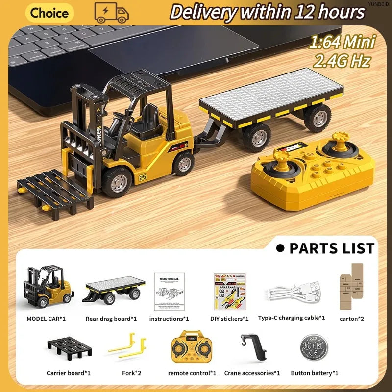 A yellow 1:64 scale remote control forklift with a trailer and accessories shown on a wooden surface.