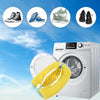 A washing machine is shown with various shoes and a yellow mesh bag for cleaning