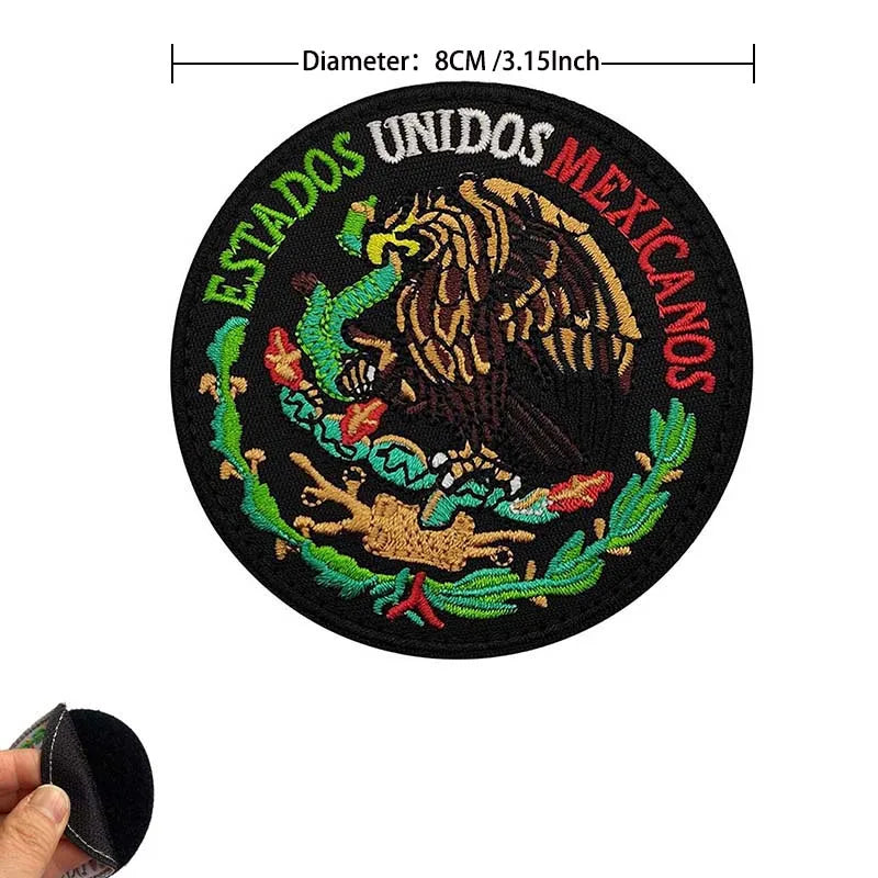 A circular embroidery patch featuring an eagle design and the text Unidos Mexicanos on a black background.