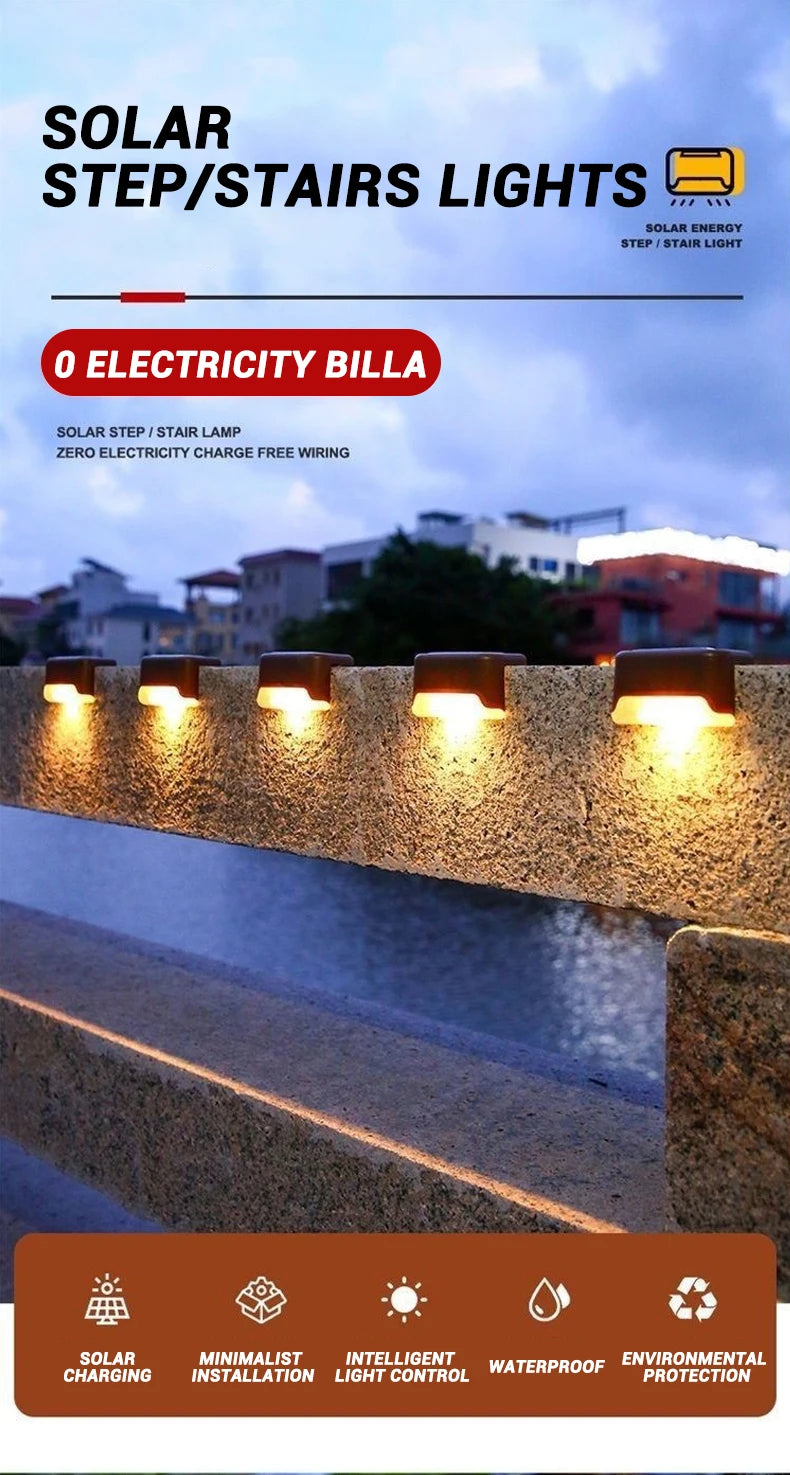 Solar step and stairs lights illuminating an outdoor path or staircase.