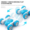 A blue remote control stunt car with double-sided flipping capability is shown in a white and blue color scheme.