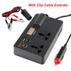 A black car power inverter with a display and multiple ports, along with a clip cable extender.