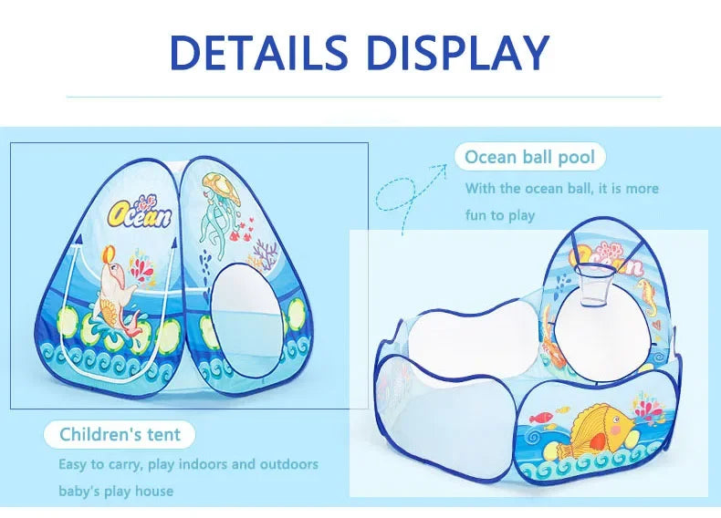 A 3-in-1 kids ball pit play tent featuring an ocean ball and a crawl tunnel for indoor and outdoor play.
