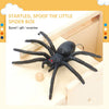 A black spider toy is shown emerging from a wooden box, used as a surprise gift or prank.
