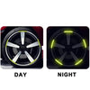 A comparison showing a car wheel hub sticker set in day and night conditions, highlighting the bright yellow glow.