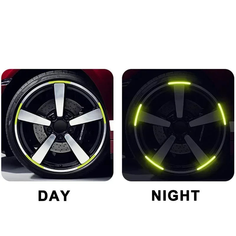 A comparison showing a car wheel hub sticker set in day and night conditions, highlighting the bright yellow glow.