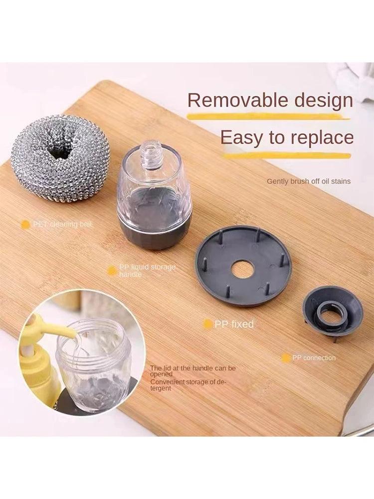 A set of press dish brushes and silicone cleaning tools shown on a wooden board with related components.