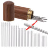 A set of twelve self-threading sewing needles with a wooden storage case and a separate needle tool.