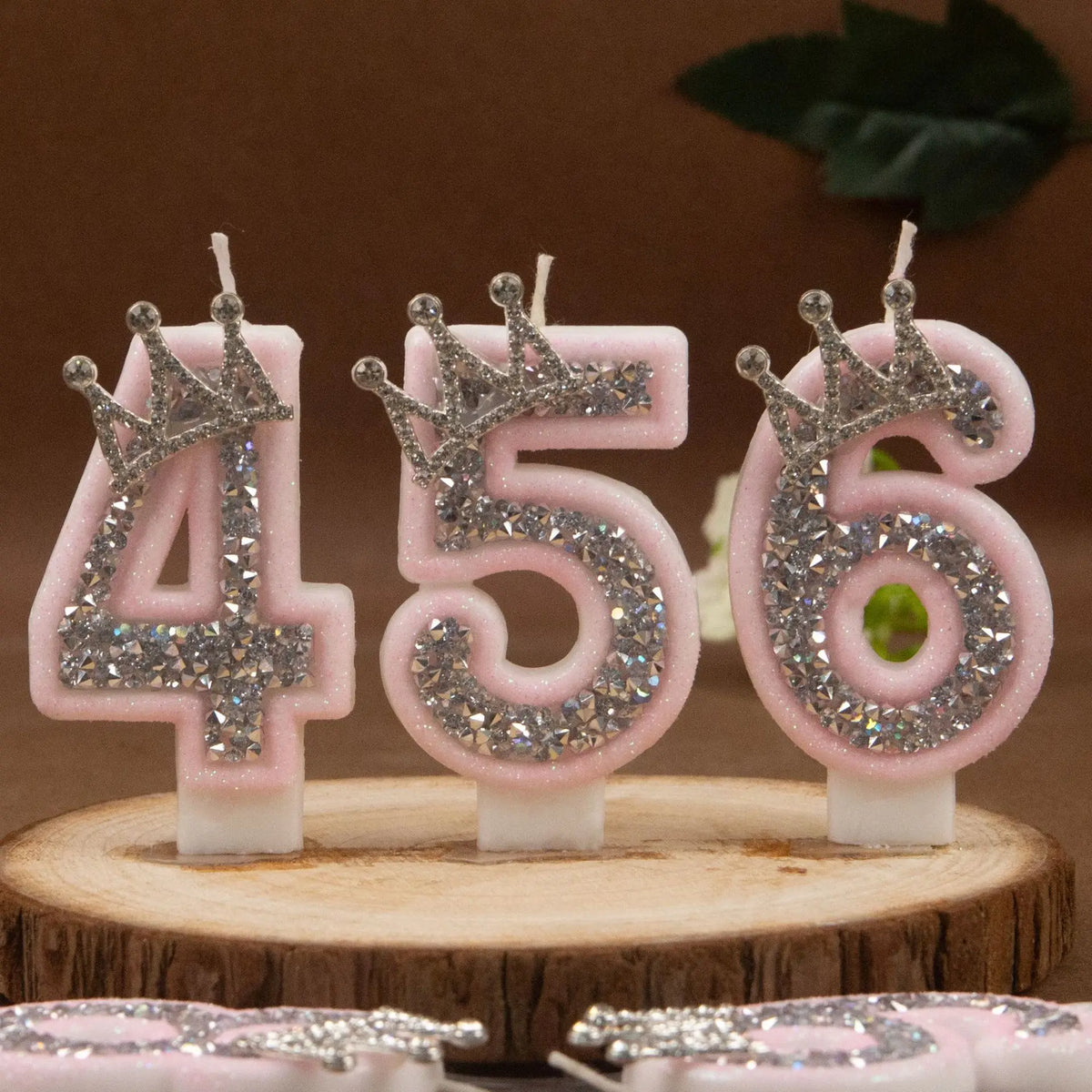 Rhinestone crown number candles for birthday cakes showing the numbers 456