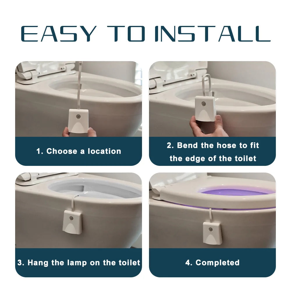 Instructions for installing a rechargeable motion sensor toilet night light on a toilet.