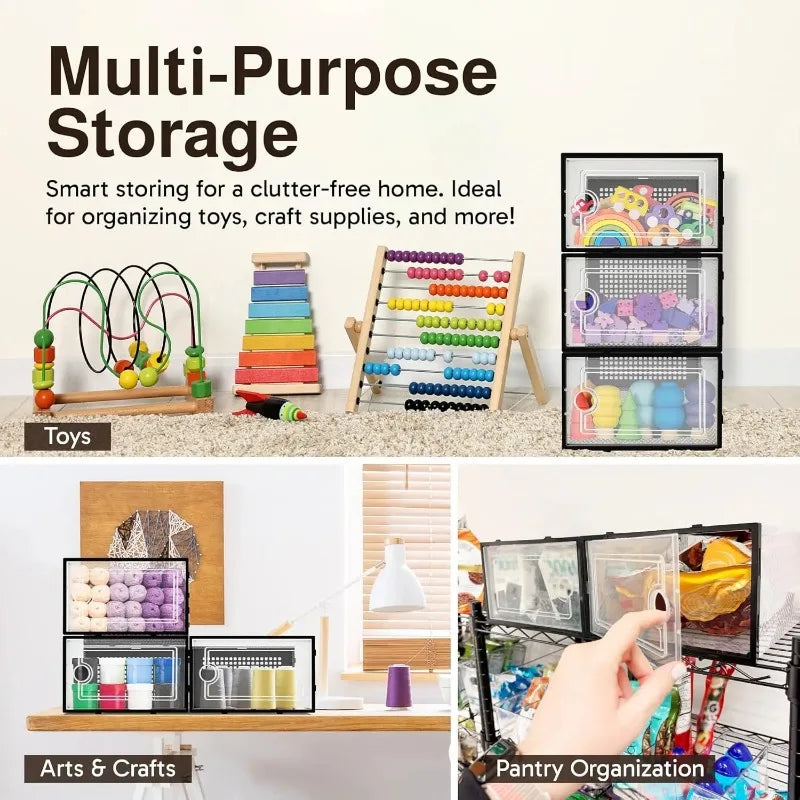 A display of multi-purpose storage boxes for toys, craft supplies, and pantry organization.