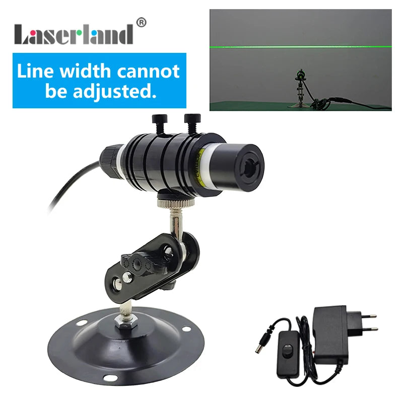 A black laser module with a green line is visible, mounted on a base for haunted house or garden decor.