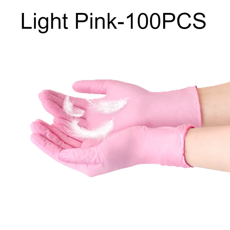 Light pink disposable nitrile gloves shown on a hand, with white feather details visible.