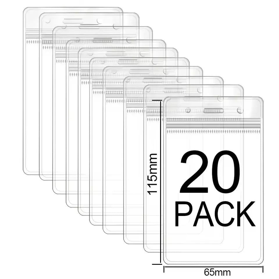 A stack of clear waterproof ID card holders with lanyard slots, showing a 20 pack quantity.