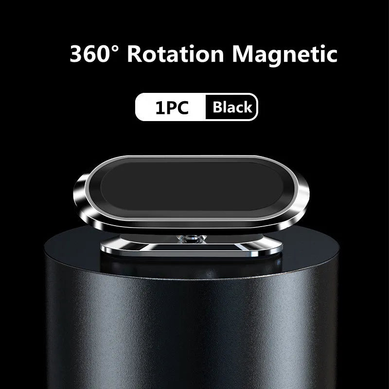Schwarzer 360°-Dreh-Magnet-Handyhalter mit silberner Oberfläche.