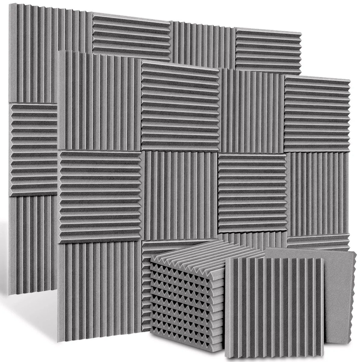 A pack of twelve gray acoustic foam panels with vertical ribbed texture for soundproofing.