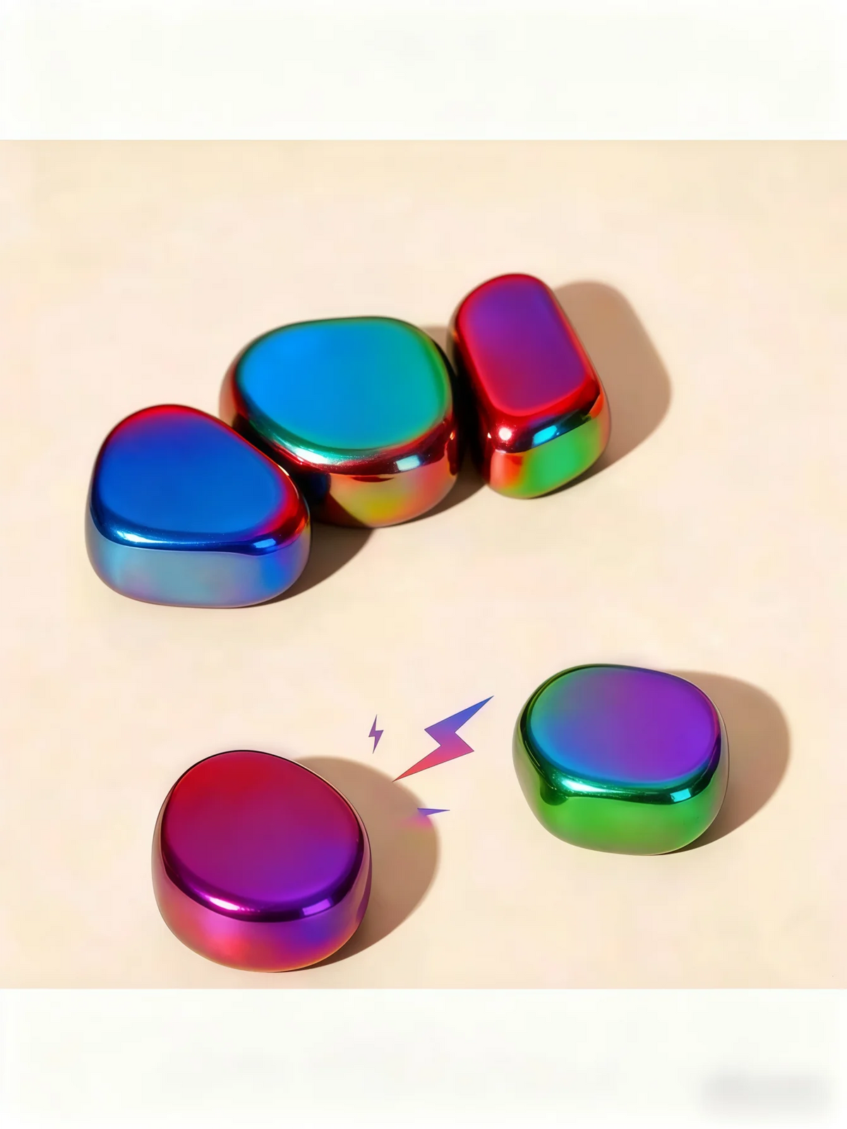 Ein Satz magnetischer Schachfiguren in verschiedenen irisierenden Farben auf hellem Hintergrund.