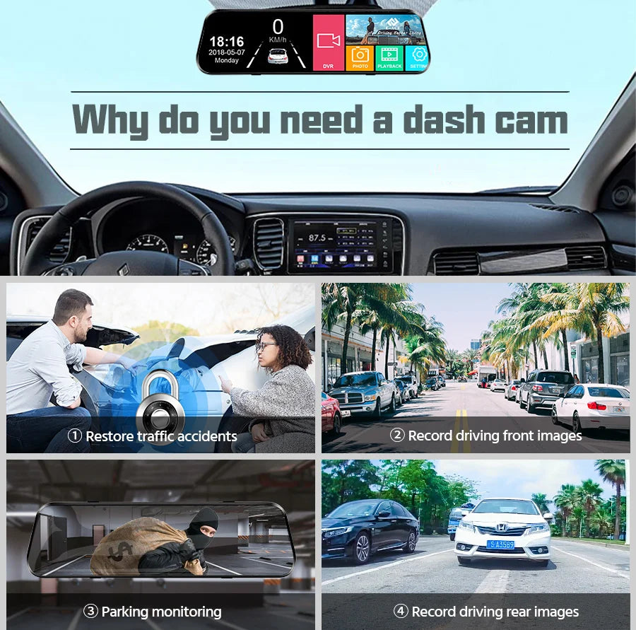 Anzeige einer Dashcam-Aufzeichnung mit Aufnahmen von Fahr- und Parküberwachungsfunktionen.