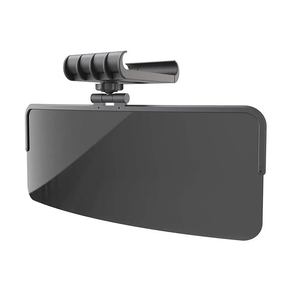 A black adjustable anti-glare car sun visor extender with a mounting mechanism.