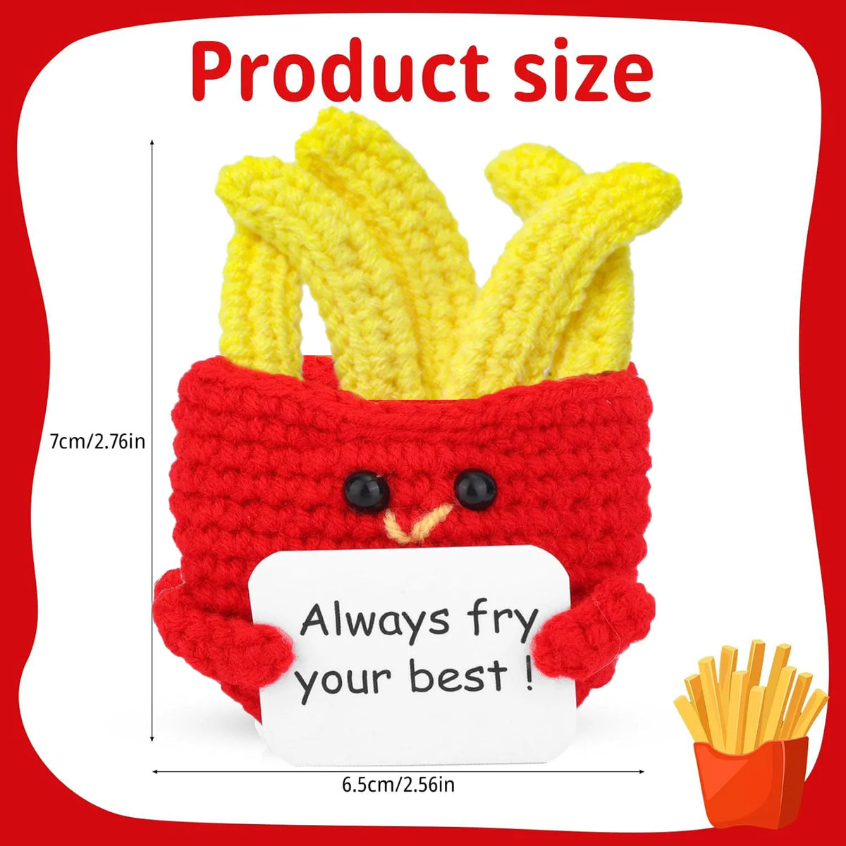 A yellow crochet pocket hug doll is shown resting on a red knitted fabric, next to a serving of french fries.